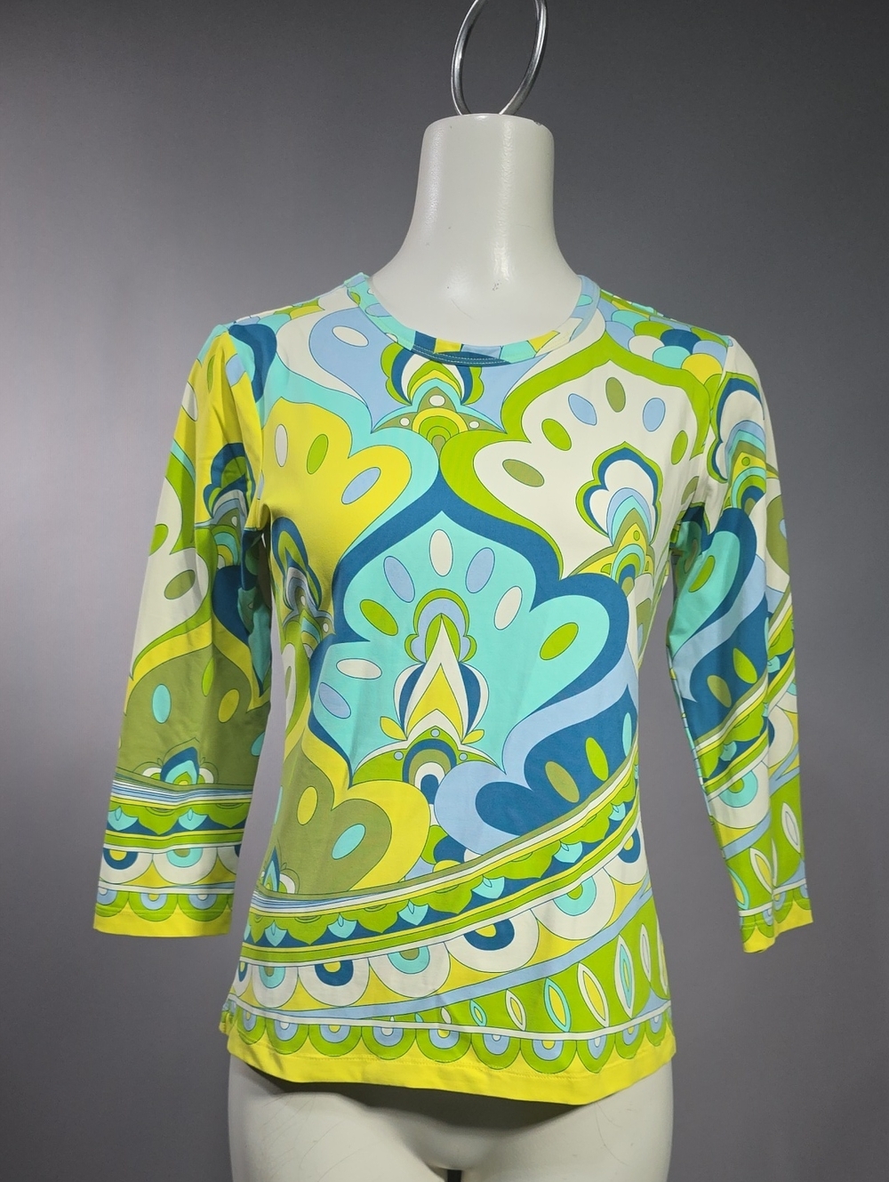 J. McLaughlin Multi Blue, Turquoise & Lime Print Long Sleeve Top R15